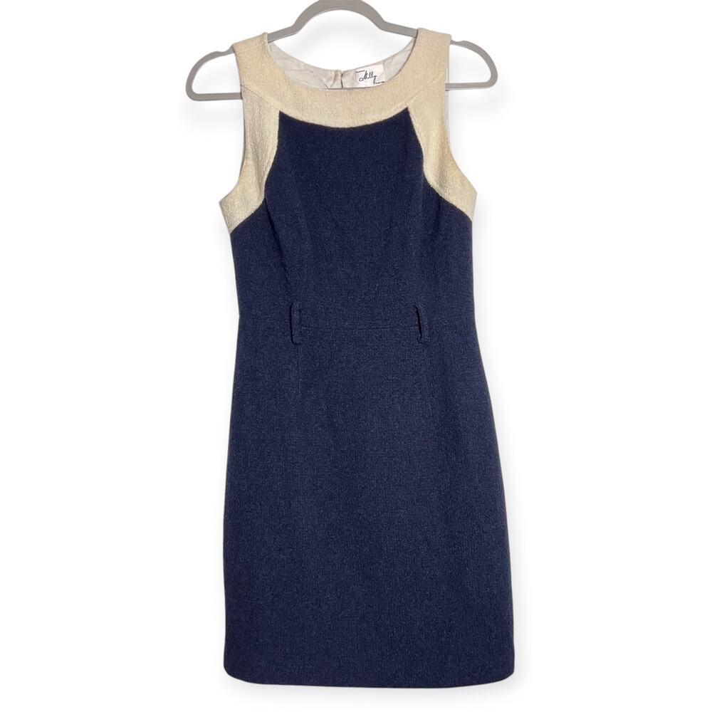 Milly Sleeveless Wool Textured Sheath Mini Dress Womens 8 Navy Cream Lined